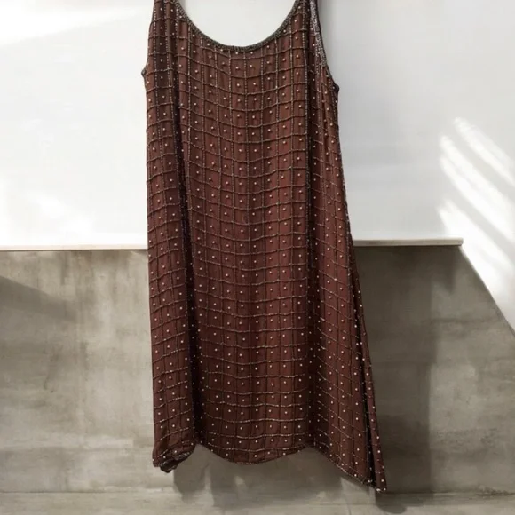 Vintage Brown Beaded Mini Dress​ Sz Med
